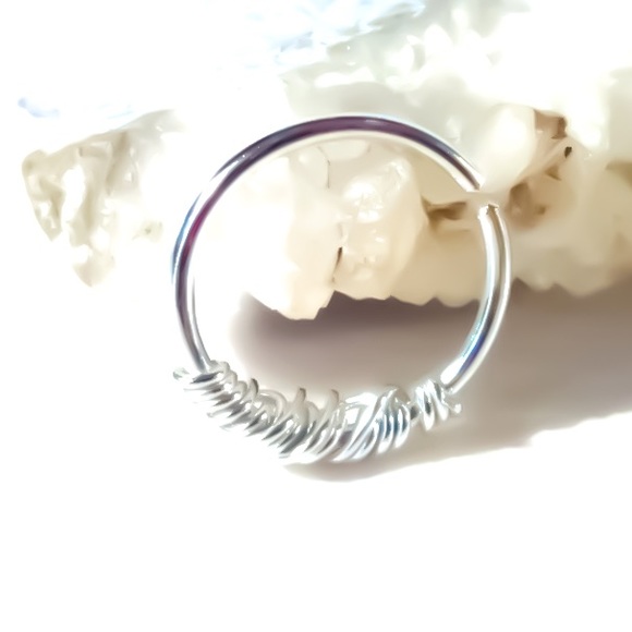925 Sterling Silver Wire Wrapped Nose Septum Ring Helix Cartilage Hoop Earring - Picture 1 of 5
